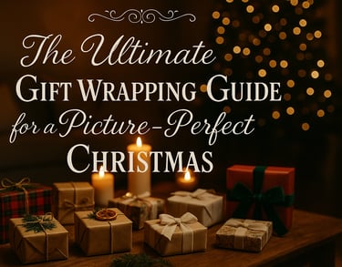 Elegant Christmas scene with wrapped gifts, candles, and festive text overlay.