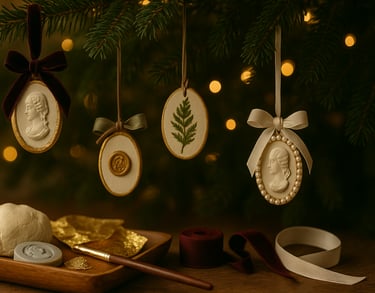 Handmade air-dry clay cameo ornaments with gold leaf and velvet ribbons displayed on Christmas tree