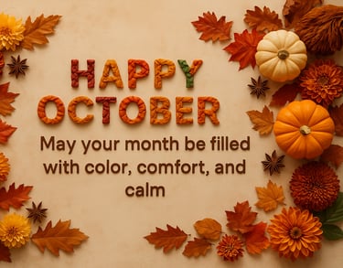 Hello October Quote with fall colors and autumn flowers
