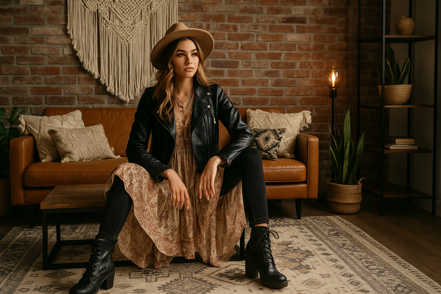A young woman in Moto Boho style—wearing a black leather jacket over a beige floral maxi dress.