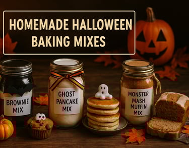 farmhouse table with various baking mixes in mason jars.