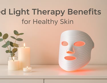 White vanity with glowing red light therapy mask, eucalyptus leaves in a glass vase, and lit candles