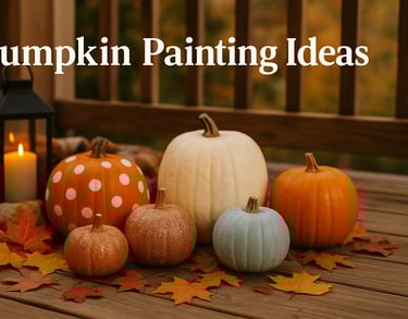 pumpkin painting ideas shows various colored pumpkins on a rustic porch