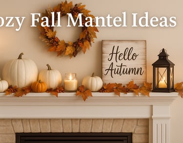 A fall fireplace mantel decorated with pumpkins, candles, autumn leaves, a wreath, and a lantern.
