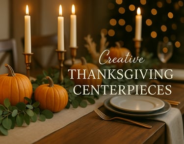 Cozy Thanksgiving table with pumpkins, candles, and eucalyptus garland centerpiece.