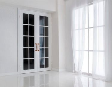 a white door with a glass door and a window