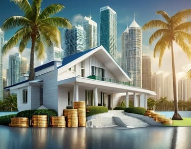 a house with stacks of coins and stacks of coins