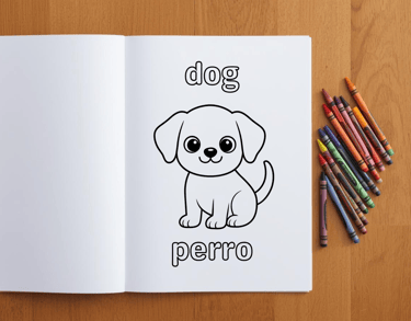 a coloring book example with a dog and crayons