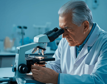 a man in a lab coat and lab coat holding a microscope