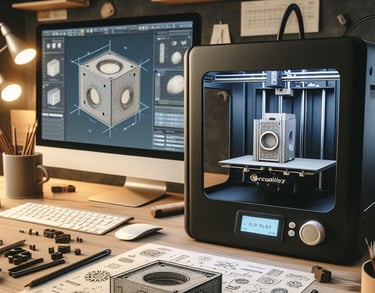 Centre d'ingénierie avec croquis, écran CAO & DAO et imprimante 3D pour la réalisation finale