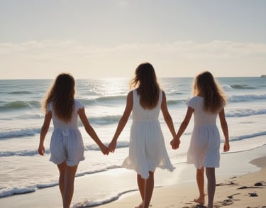 Generate the image of a sea beach with 3 youg girls of around 12 wandering with the uncle trying to