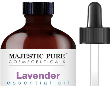 Majestic Pure 100% Pure Lavender Essential Oil next to a dropper cap 