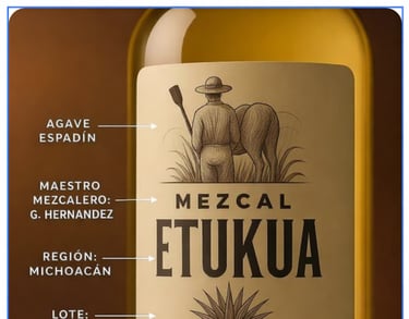 rimer plano de etiqueta de mezcal Etukua con indicadores que señalan el tipo de agave, maestro mezc