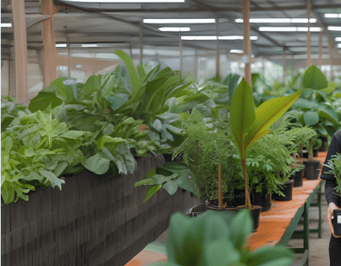 Woman carrying potted houseplant inside a tropical greenhouse