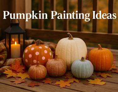 pumpkin painting ideas shows various colored pumpkins on a rustic porch