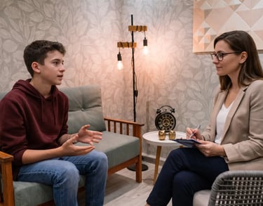 a woman and a man sitting in chairs