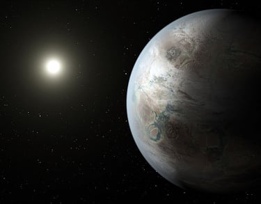 Ilustração artística do exoplaneta Kepler-452b orbitando sua estrela.