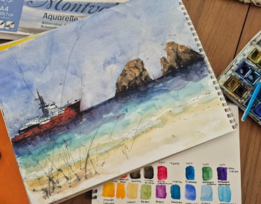 Watercolor journal, showing a painting of a boat and a famous landmark of Paros