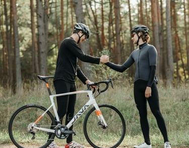 two people shaking hands in a forest