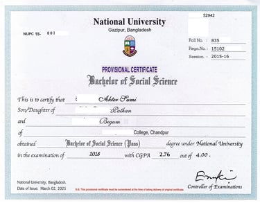 Provisional Certificate-জাতীয় বিশ্ববিদ্যালয়ের সাময়িক সনদ