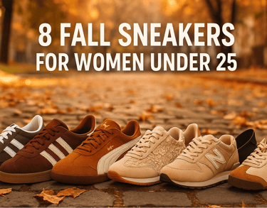 Eight fall sneakers for women under 25 displayed on a cobblestone street with autumn leaves, includi