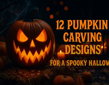 A horizontal Halloween-themed image featuring a glowing carved pumpkin with spooky designs, surround