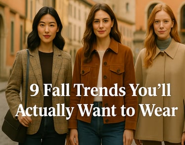 Three stylish women showcase fall fashion trends: one in a dark denim jacket and wide-leg jeans, ano