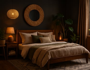 A dark boho bedroom with deep earthy walls, layered neutral bedding, textured pillows, wooden furnit
