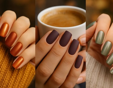 A horizontal collage of three fall nail designs. Simple Fall Nails.