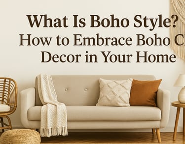 Boho chic living room with neutral sofa, rattan accents, macramé wall art, and pampas grass in cozy 