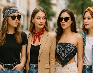 Four stylish young women wearing bandanas in different trendy ways, posing outdoors in chic outfits.