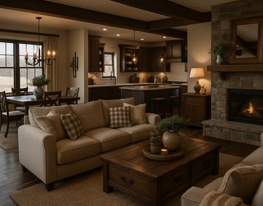 Open-concept farmhouse interior featuring a rustic kitchen, cozy living room, and dining area 