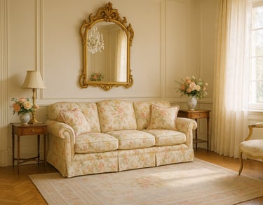 Chateaucore living room with floral sofa, gilded mirror, pastel rug, and lace curtains.