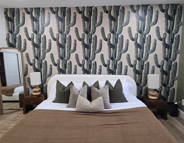 Scottsdale Airbnb interior with custom cactus wallpaper accent wall installation