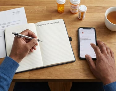A top-down photograph captures a person's hands on a wooden table. One hand holds a pen over a notebook