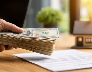 Hand offering a stack of cash next to a house model and contract, symbolizing a fast cash offer for
