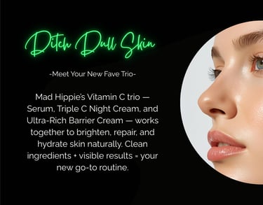 Close-up of young woman with glowing skin next to Mad Hippie Vitamin C trio text