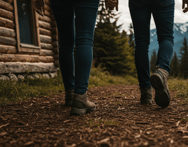 two people walking down a path with mountains in the background