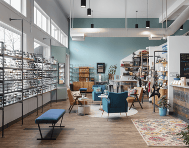 Interior of Edge Optics Fort Collins location, showing the fashion eyewear displays and unique decor