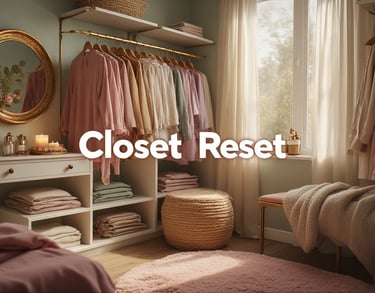 Wide, cinematic shot of a vibrant, feminine walk-in closet filled with color, texture, and glowing 