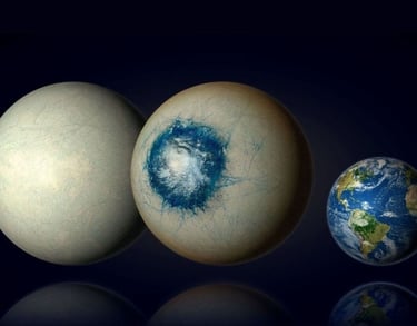 Ilustração artística do exoplaneta LHS 1140b com oceano sob gelo, comparado à Terra.