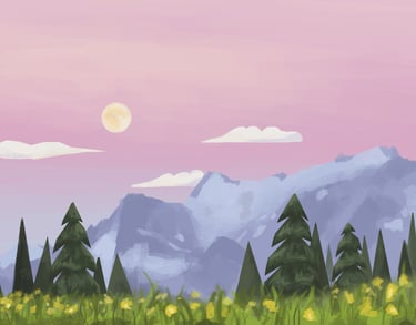 a mountain scene with a mountain range and a full moon