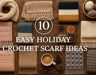 Ten handmade crochet scarves on wood background with centered text 10 Easy Holiday Crochet Scarf