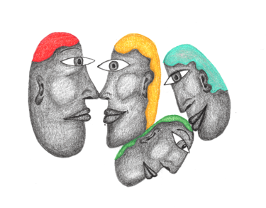 a drawing of a group of four faces with colored hairs