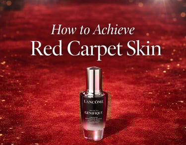 Red carpet skincare flat lay with luxury serum and elegant headline.