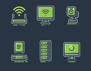 a set of icons of WIFI, AV, CCTV, Hybrid, Server Refresh and Digital Signage
