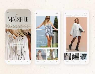 Mobile-first app UI for Maiselle, designed for seamless shoppingand luxury fashion by UrBrand Studio