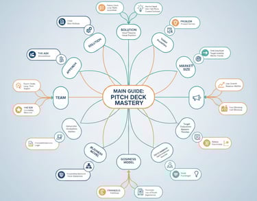 Visual map showing how the main pitch deck guide connects to 12 pillars and subtopics.