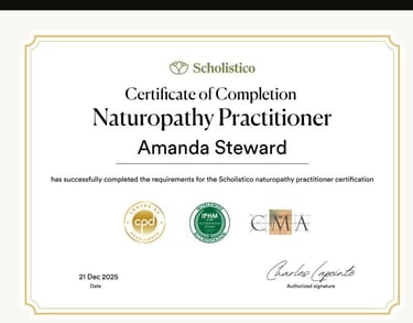 Scholistico certificate of completion for Amanda Steward as a certified Naturopathy Practitioner.