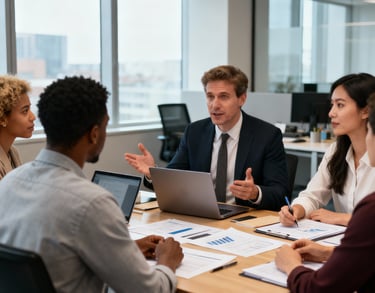a group of people discussing on how to enter a new market in latin america